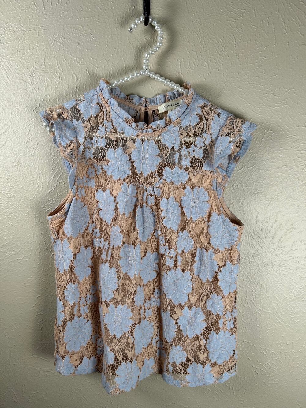 Monteau Lace Top Size Large Sleeveless Blue Beige Preppy Spring Floral Blouse